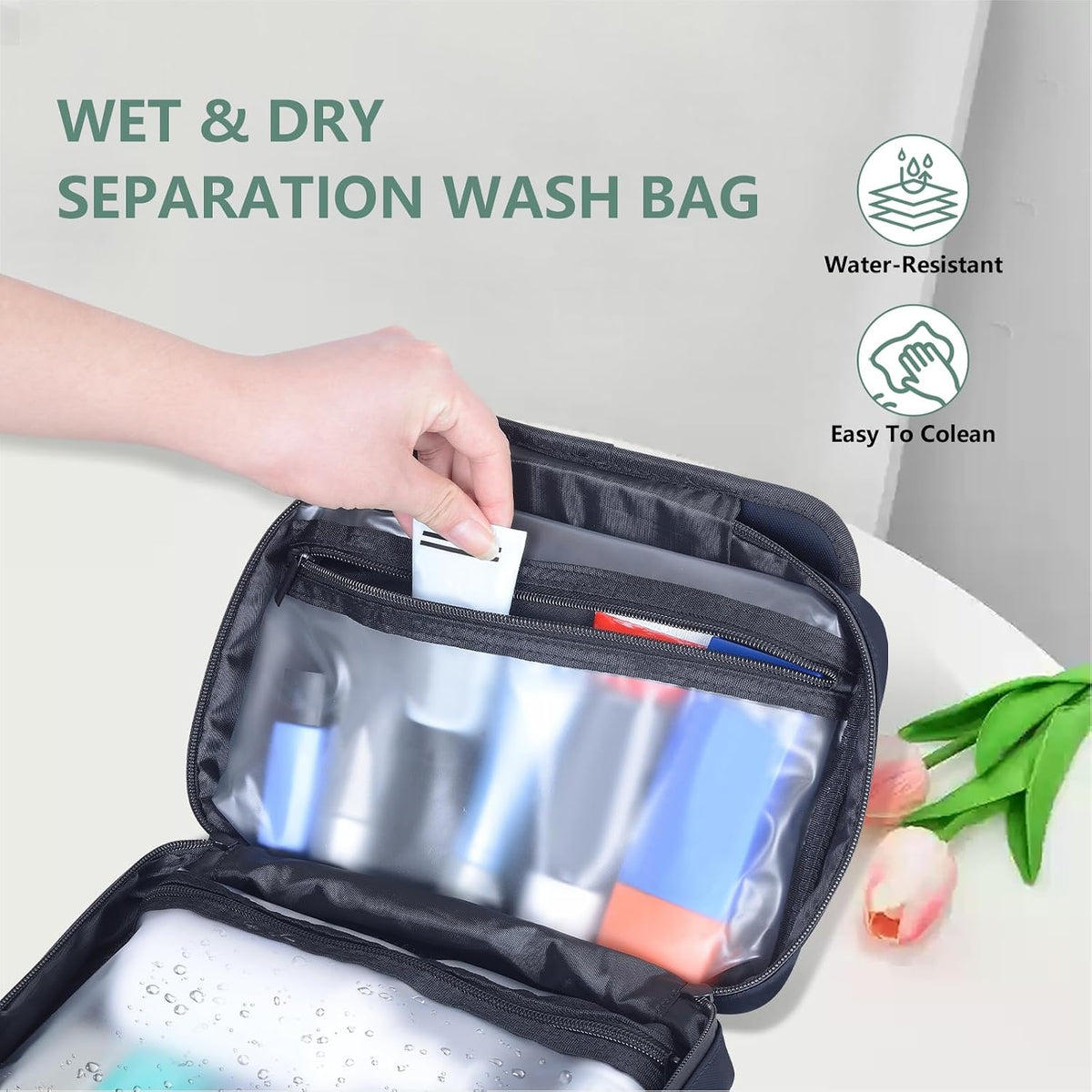 Toiletry Bag Women Men,Foldable Cosmetic Organizer Travel Bag Hanging Toiletry Bag Hygiene Bag with 4 Compartments Water Resistant Makeup Bag Toiletries，Black