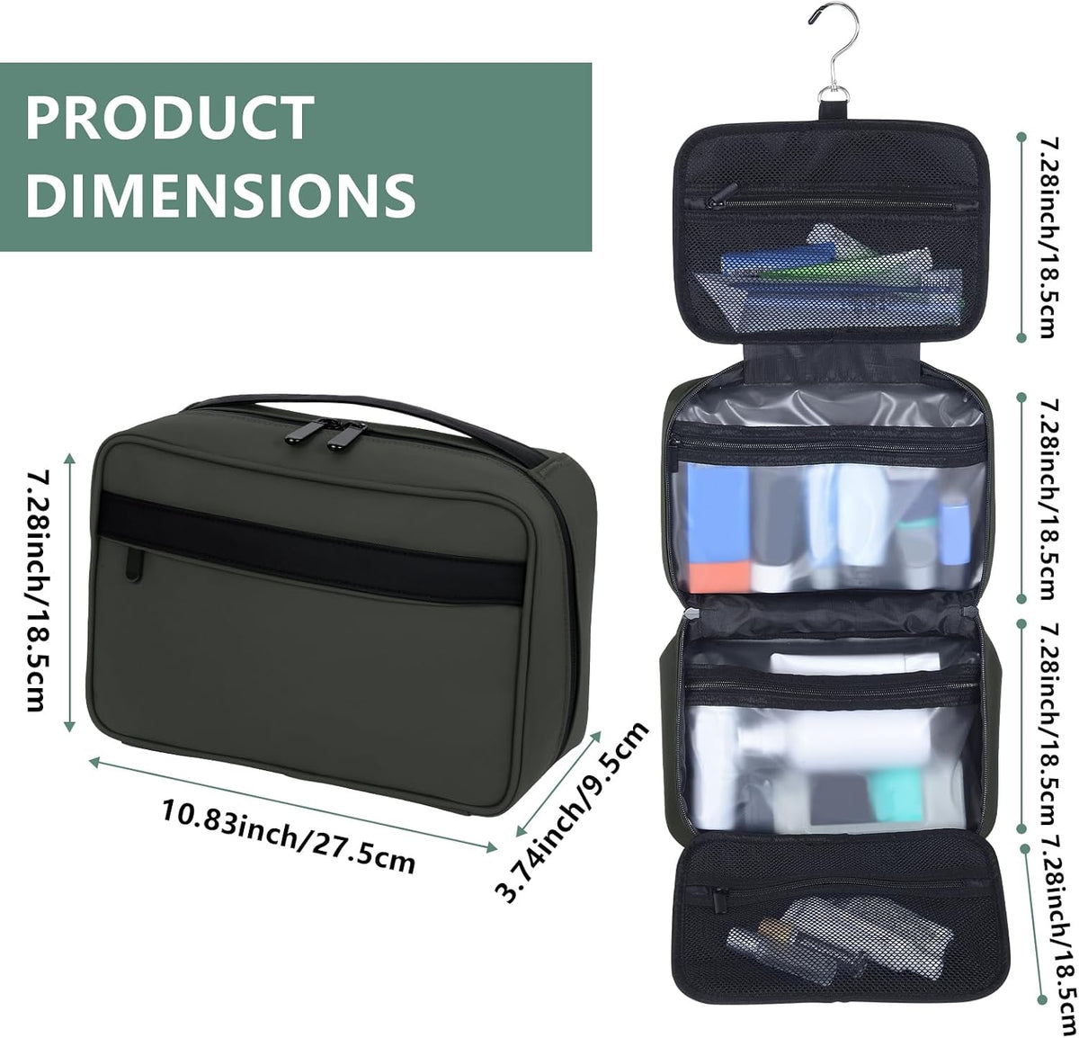 Toiletry Bag Women Men,Foldable Cosmetic Organizer Travel Bag Hanging Toiletry Bag Hygiene Bag with 4 Compartments Water Resistant Makeup Bag Toiletries，Black