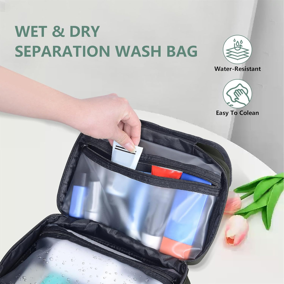 Toiletry Bag Women Men,Foldable Cosmetic Organizer Travel Bag Hanging Toiletry Bag Hygiene Bag with 4 Compartments Water Resistant Makeup Bag Toiletries，Black