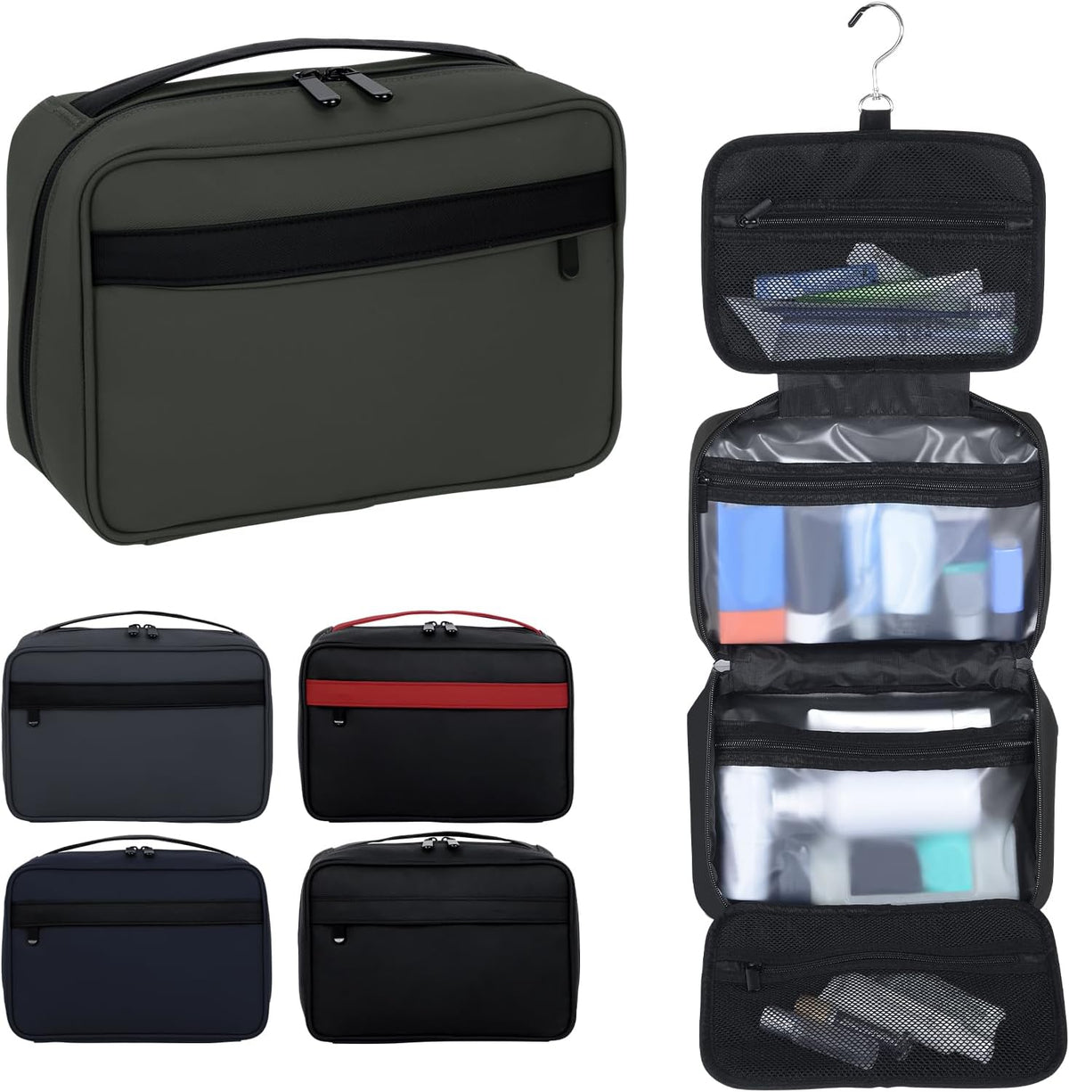 Toiletry Bag Women Men,Foldable Cosmetic Organizer Travel Bag Hanging Toiletry Bag Hygiene Bag with 4 Compartments Water Resistant Makeup Bag Toiletries，Black