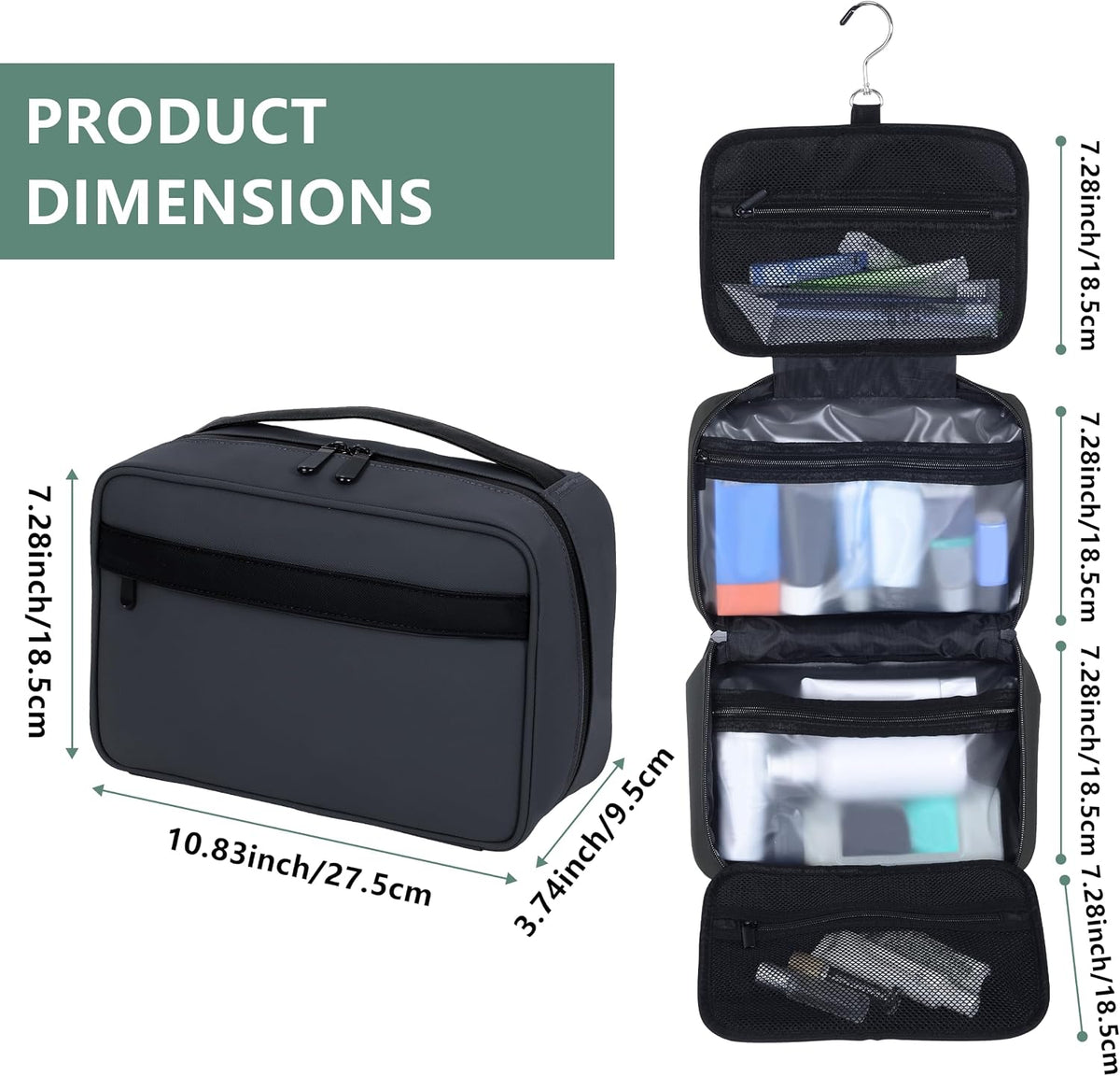 Toiletry Bag Women Men,Foldable Cosmetic Organizer Travel Bag Hanging Toiletry Bag Hygiene Bag with 4 Compartments Water Resistant Makeup Bag Toiletries，Black