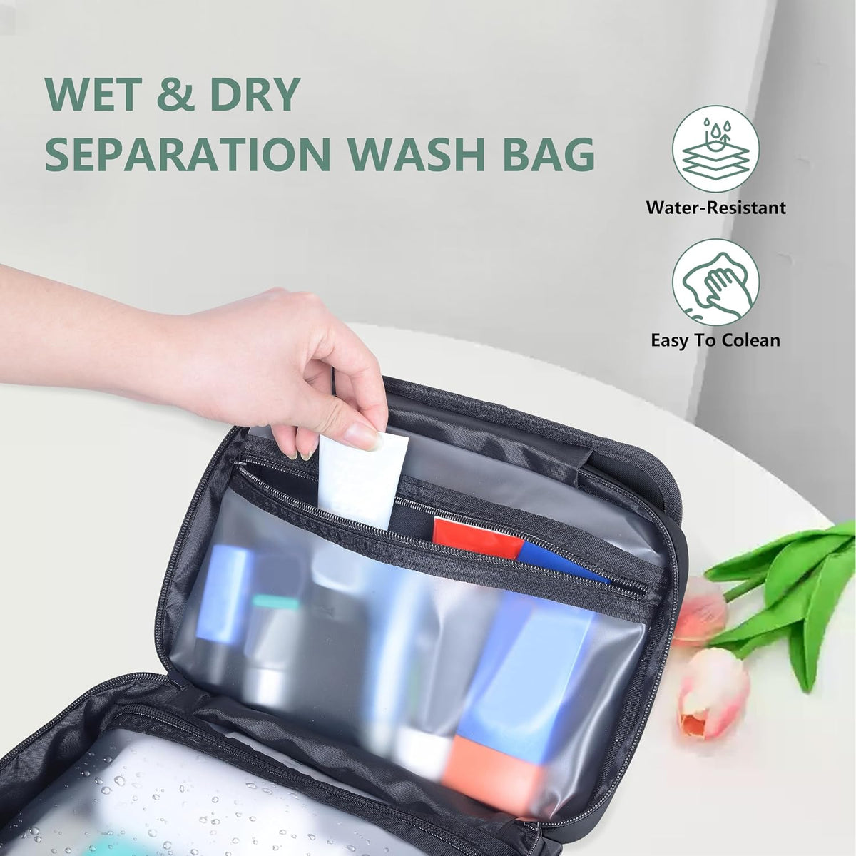 Toiletry Bag Women Men,Foldable Cosmetic Organizer Travel Bag Hanging Toiletry Bag Hygiene Bag with 4 Compartments Water Resistant Makeup Bag Toiletries，Black