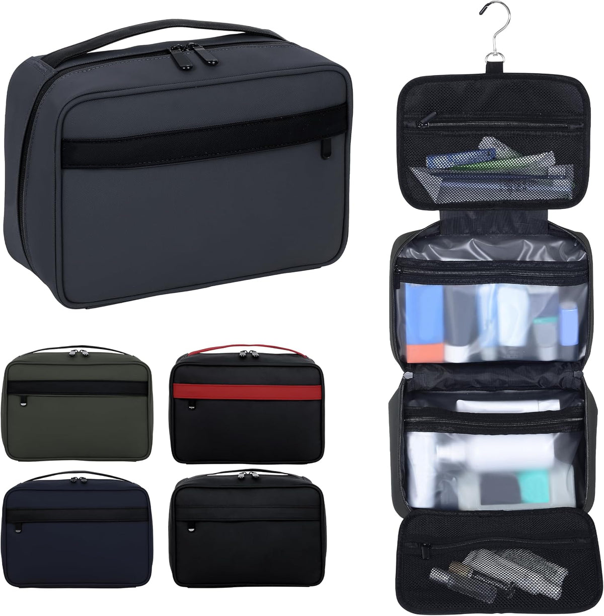 Toiletry Bag Women Men,Foldable Cosmetic Organizer Travel Bag Hanging Toiletry Bag Hygiene Bag with 4 Compartments Water Resistant Makeup Bag Toiletries，Black