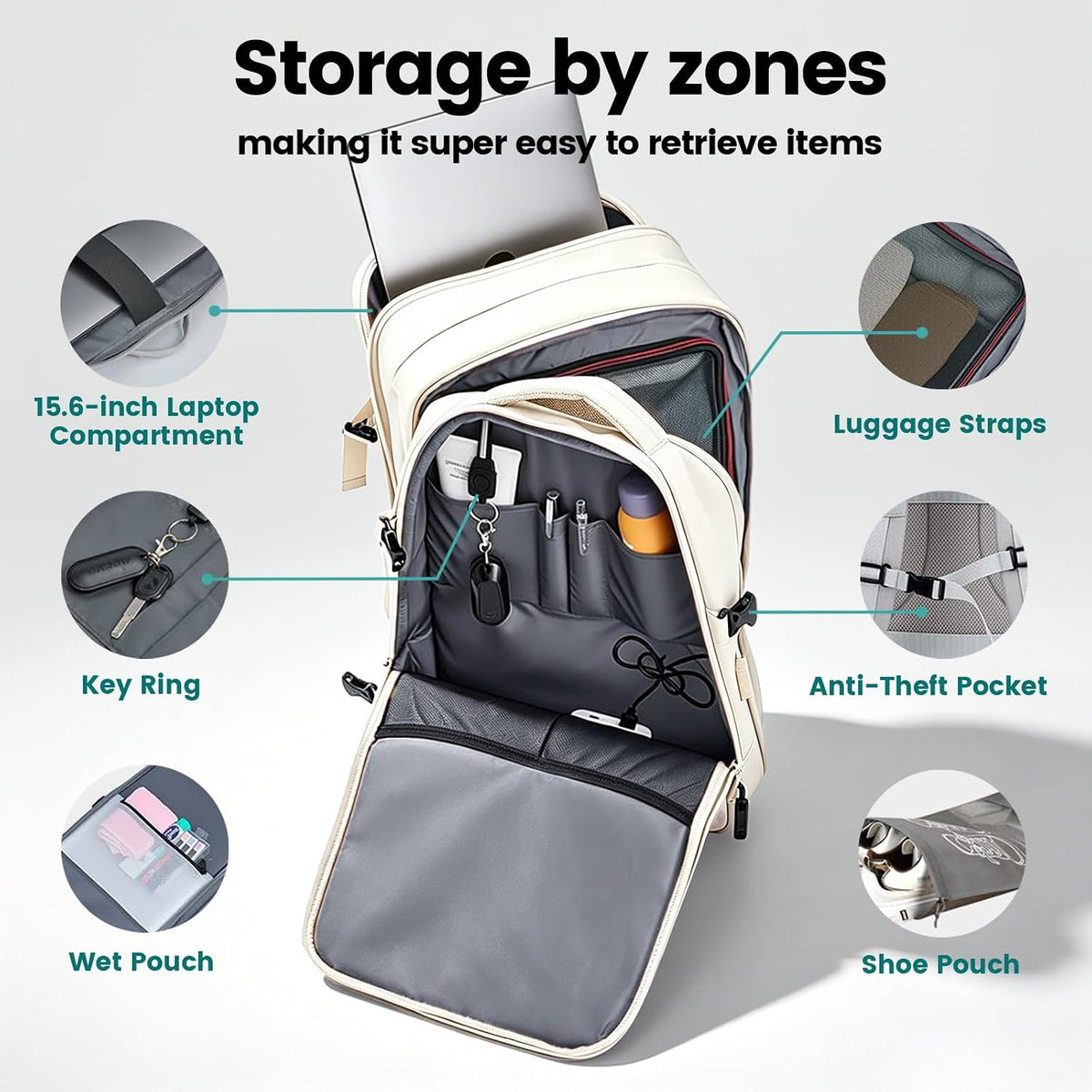 42L Expandable Travel Bag, 15.6-inch Laptop Bag, TSA-Compliant Carry-On, 2 Storage Pockets, USB Charging Port, Water-Resistant Design, Unisex, Ideal for Business, Hiking, and Travel, Black