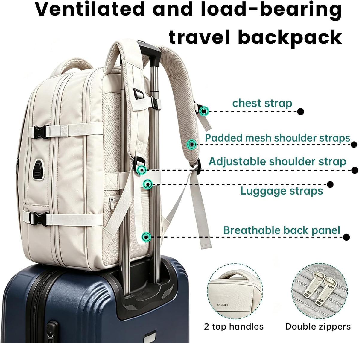 42L Expandable Travel Bag, 15.6-inch Laptop Bag, TSA-Compliant Carry-On, 2 Storage Pockets, USB Charging Port, Water-Resistant Design, Unisex, Ideal for Business, Hiking, and Travel, Black