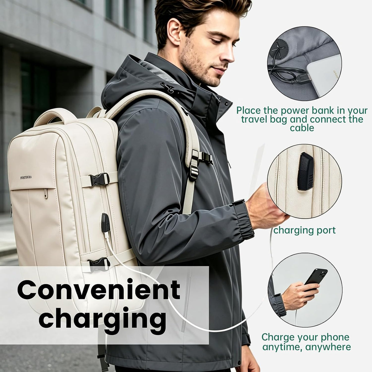 42L Expandable Travel Bag, 15.6-inch Laptop Bag, TSA-Compliant Carry-On, 2 Storage Pockets, USB Charging Port, Water-Resistant Design, Unisex, Ideal for Business, Hiking, and Travel, Black