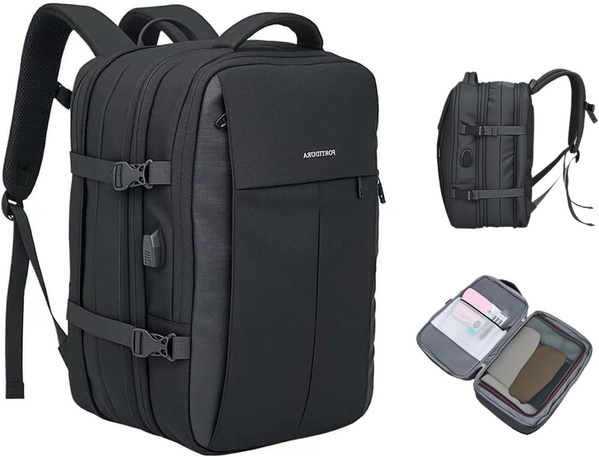42L Expandable Travel Bag, 15.6-inch Laptop Bag, TSA-Compliant Carry-On, 2 Storage Pockets, USB Charging Port, Water-Resistant Design, Unisex, Ideal for Business, Hiking, and Travel, Black
