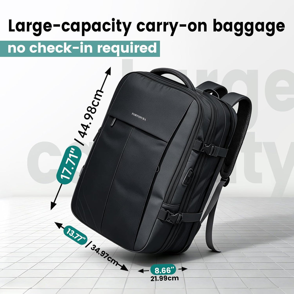 42L Expandable Travel Bag, 15.6-inch Laptop Bag, TSA-Compliant Carry-On, 2 Storage Pockets, USB Charging Port, Water-Resistant Design, Unisex, Ideal for Business, Hiking, and Travel, Black