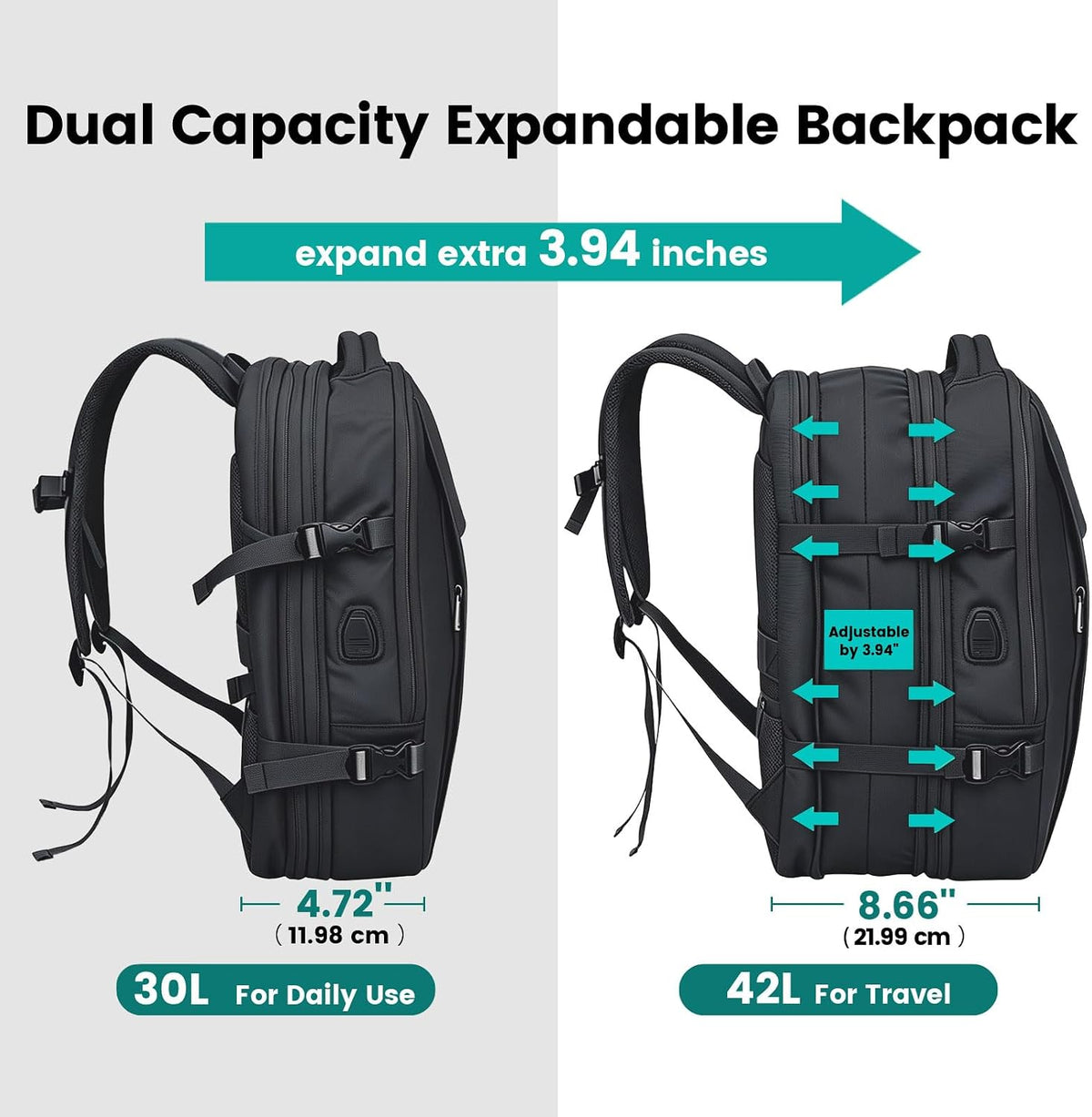 42L Expandable Travel Bag, 15.6-inch Laptop Bag, TSA-Compliant Carry-On, 2 Storage Pockets, USB Charging Port, Water-Resistant Design, Unisex, Ideal for Business, Hiking, and Travel, Black
