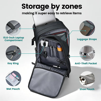 42L Expandable Travel Bag, 15.6-inch Laptop Bag, TSA-Compliant Carry-On, 2 Storage Pockets, USB Charging Port, Water-Resistant Design, Unisex, Ideal for Business, Hiking, and Travel, Black