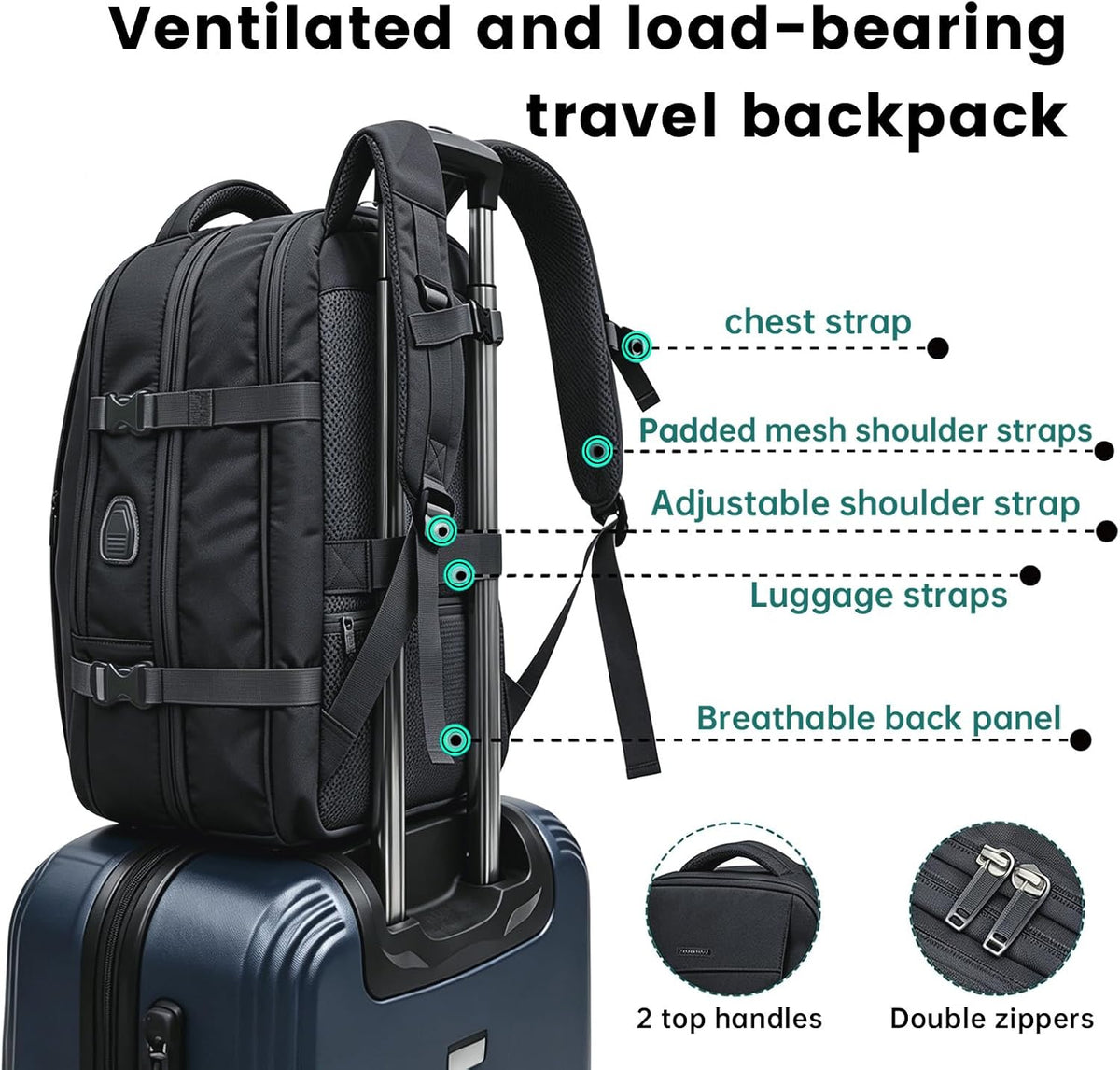 42L Expandable Travel Bag, 15.6-inch Laptop Bag, TSA-Compliant Carry-On, 2 Storage Pockets, USB Charging Port, Water-Resistant Design, Unisex, Ideal for Business, Hiking, and Travel, Black