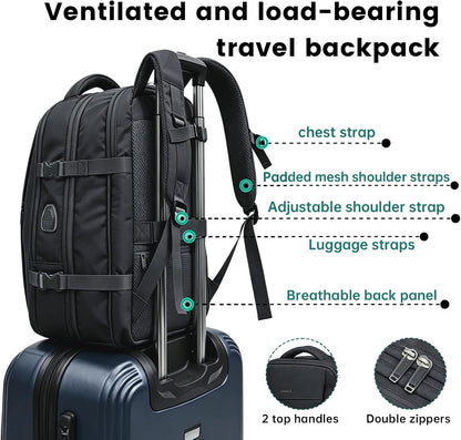 42L Expandable Travel Bag, 15.6-inch Laptop Bag, TSA-Compliant Carry-On, 2 Storage Pockets, USB Charging Port, Water-Resistant Design, Unisex, Ideal for Business, Hiking, and Travel, Black