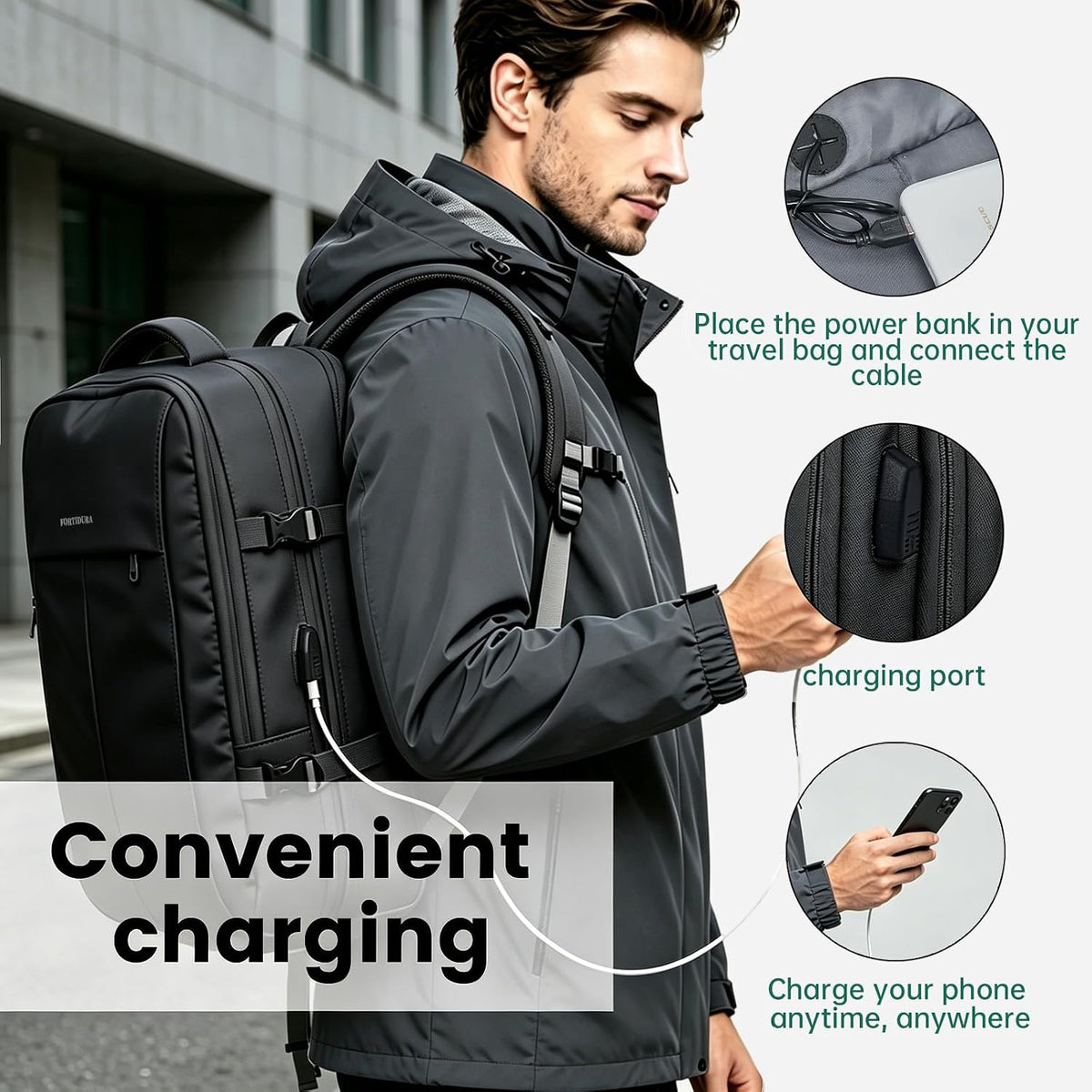 42L Expandable Travel Bag, 15.6-inch Laptop Bag, TSA-Compliant Carry-On, 2 Storage Pockets, USB Charging Port, Water-Resistant Design, Unisex, Ideal for Business, Hiking, and Travel, Black