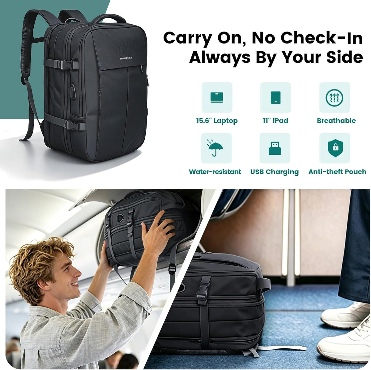 42L Expandable Travel Bag, 15.6-inch Laptop Bag, TSA-Compliant Carry-On, 2 Storage Pockets, USB Charging Port, Water-Resistant Design, Unisex, Ideal for Business, Hiking, and Travel, Black