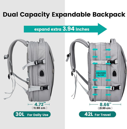 42L Expandable Travel Bag, 15.6-inch Laptop Bag, TSA-Compliant Carry-On, 2 Storage Pockets, USB Charging Port, Water-Resistant Design, Unisex, Ideal for Business, Hiking, and Travel, Black