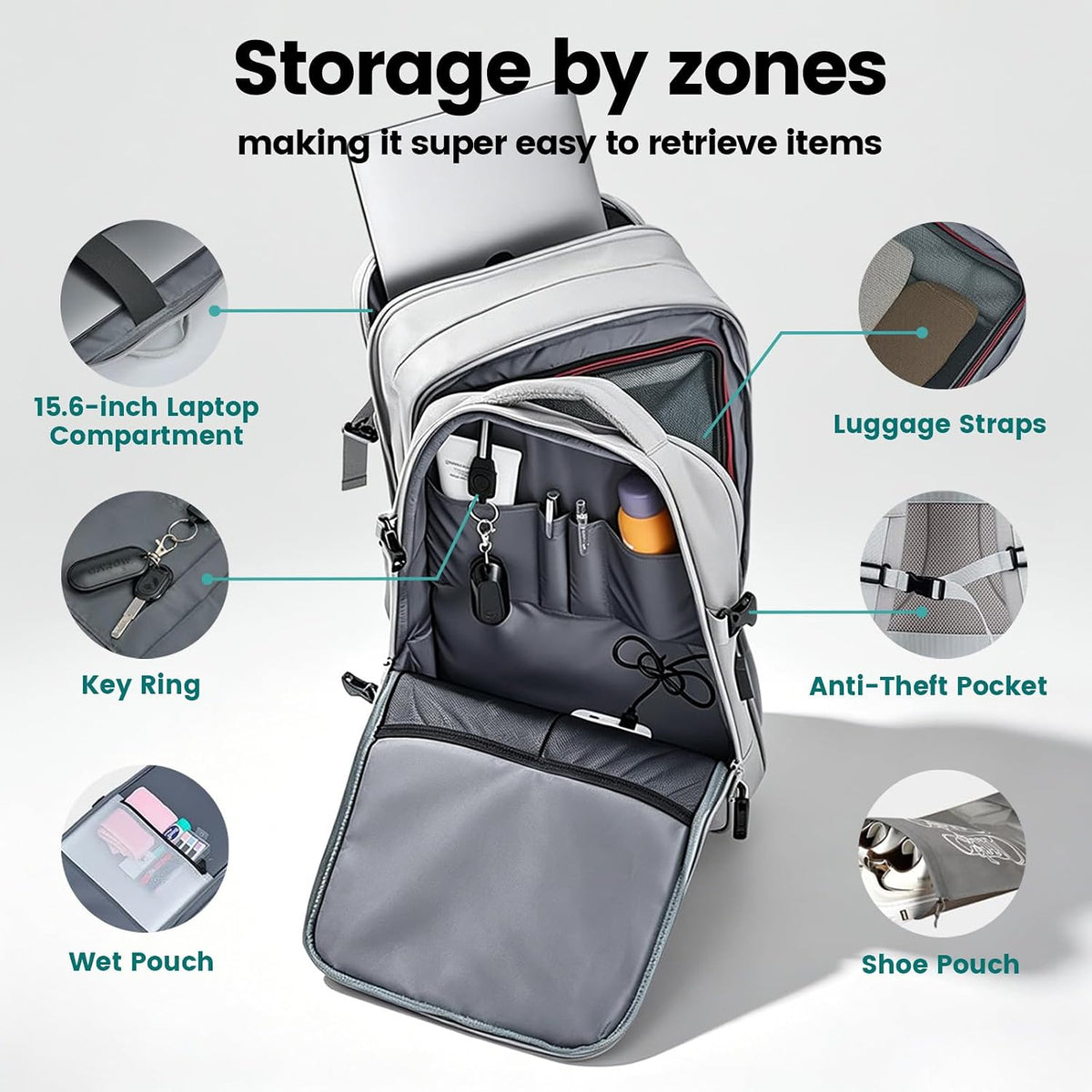 42L Expandable Travel Bag, 15.6-inch Laptop Bag, TSA-Compliant Carry-On, 2 Storage Pockets, USB Charging Port, Water-Resistant Design, Unisex, Ideal for Business, Hiking, and Travel, Black