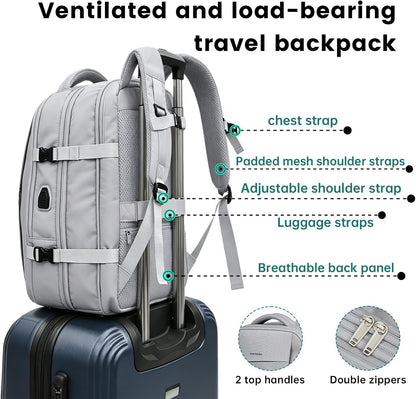 42L Expandable Travel Bag, 15.6-inch Laptop Bag, TSA-Compliant Carry-On, 2 Storage Pockets, USB Charging Port, Water-Resistant Design, Unisex, Ideal for Business, Hiking, and Travel, Black