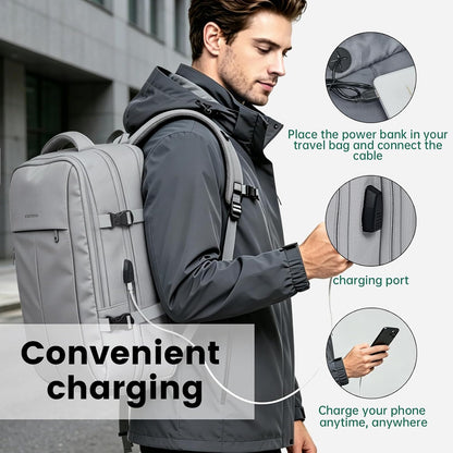 42L Expandable Travel Bag, 15.6-inch Laptop Bag, TSA-Compliant Carry-On, 2 Storage Pockets, USB Charging Port, Water-Resistant Design, Unisex, Ideal for Business, Hiking, and Travel, Black