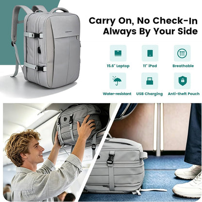 42L Expandable Travel Bag, 15.6-inch Laptop Bag, TSA-Compliant Carry-On, 2 Storage Pockets, USB Charging Port, Water-Resistant Design, Unisex, Ideal for Business, Hiking, and Travel, Black
