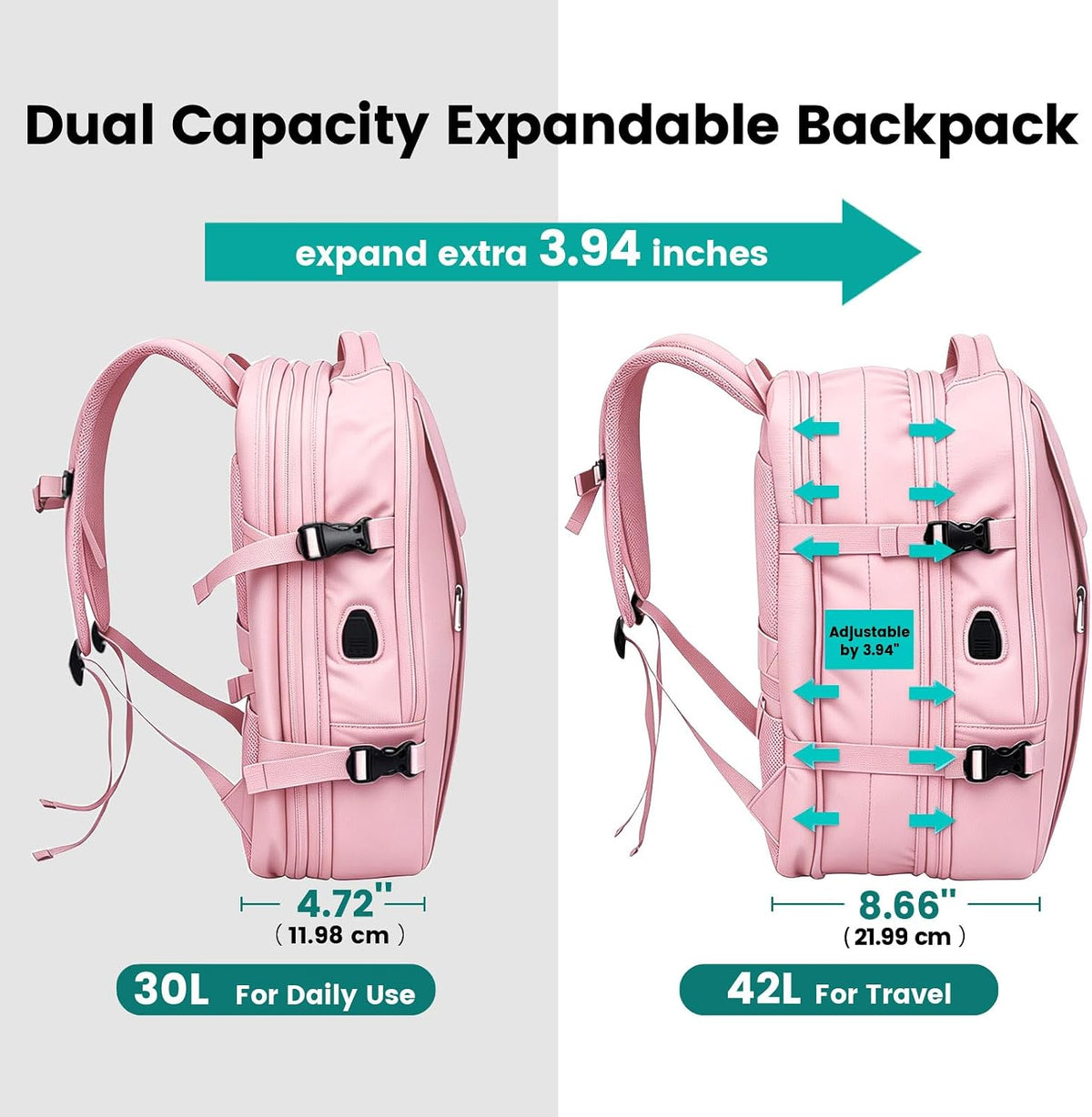42L Expandable Travel Bag, 15.6-inch Laptop Bag, TSA-Compliant Carry-On, 2 Storage Pockets, USB Charging Port, Water-Resistant Design, Unisex, Ideal for Business, Hiking, and Travel, Black