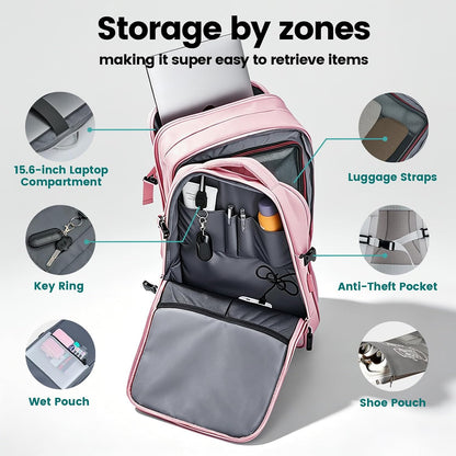42L Expandable Travel Bag, 15.6-inch Laptop Bag, TSA-Compliant Carry-On, 2 Storage Pockets, USB Charging Port, Water-Resistant Design, Unisex, Ideal for Business, Hiking, and Travel, Black