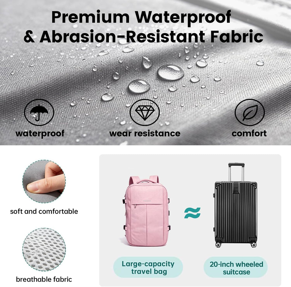42L Expandable Travel Bag, 15.6-inch Laptop Bag, TSA-Compliant Carry-On, 2 Storage Pockets, USB Charging Port, Water-Resistant Design, Unisex, Ideal for Business, Hiking, and Travel, Black