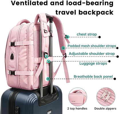 42L Expandable Travel Bag, 15.6-inch Laptop Bag, TSA-Compliant Carry-On, 2 Storage Pockets, USB Charging Port, Water-Resistant Design, Unisex, Ideal for Business, Hiking, and Travel, Black