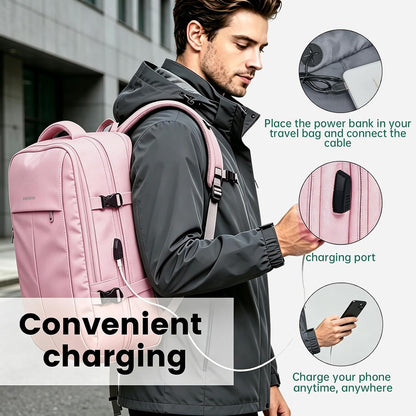 42L Expandable Travel Bag, 15.6-inch Laptop Bag, TSA-Compliant Carry-On, 2 Storage Pockets, USB Charging Port, Water-Resistant Design, Unisex, Ideal for Business, Hiking, and Travel, Black
