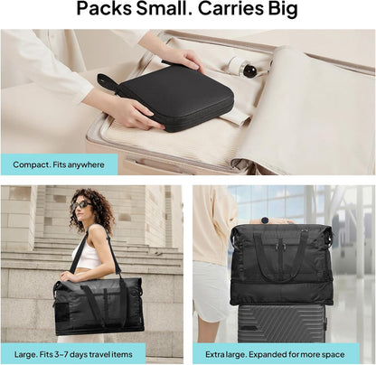 Foldable Travel Bag for Men & Women, 65L Weekender Overnight Duffle Bag for Travel, Expandable Airline Approved Carry-On with Shoe Compartment, Lightweight Personal Item Bag, Water-resistant