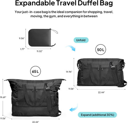 Foldable Travel Bag for Men & Women, 65L Weekender Overnight Duffle Bag for Travel, Expandable Airline Approved Carry-On with Shoe Compartment, Lightweight Personal Item Bag, Water-resistant