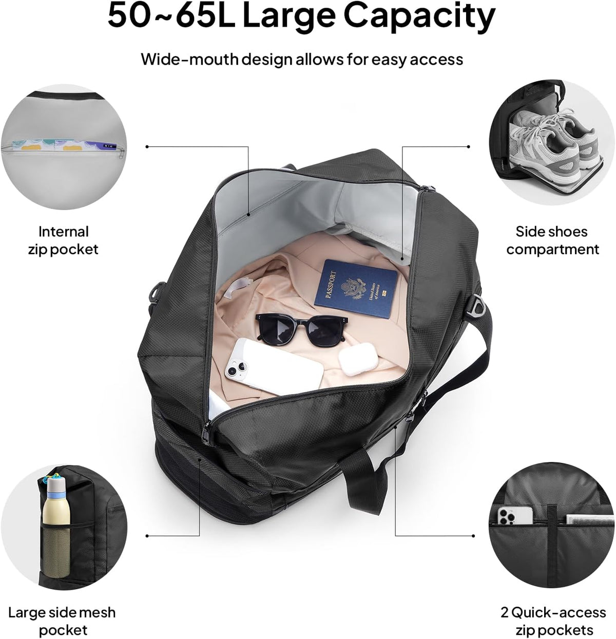 Foldable Travel Bag for Men & Women, 65L Weekender Overnight Duffle Bag for Travel, Expandable Airline Approved Carry-On with Shoe Compartment, Lightweight Personal Item Bag, Water-resistant