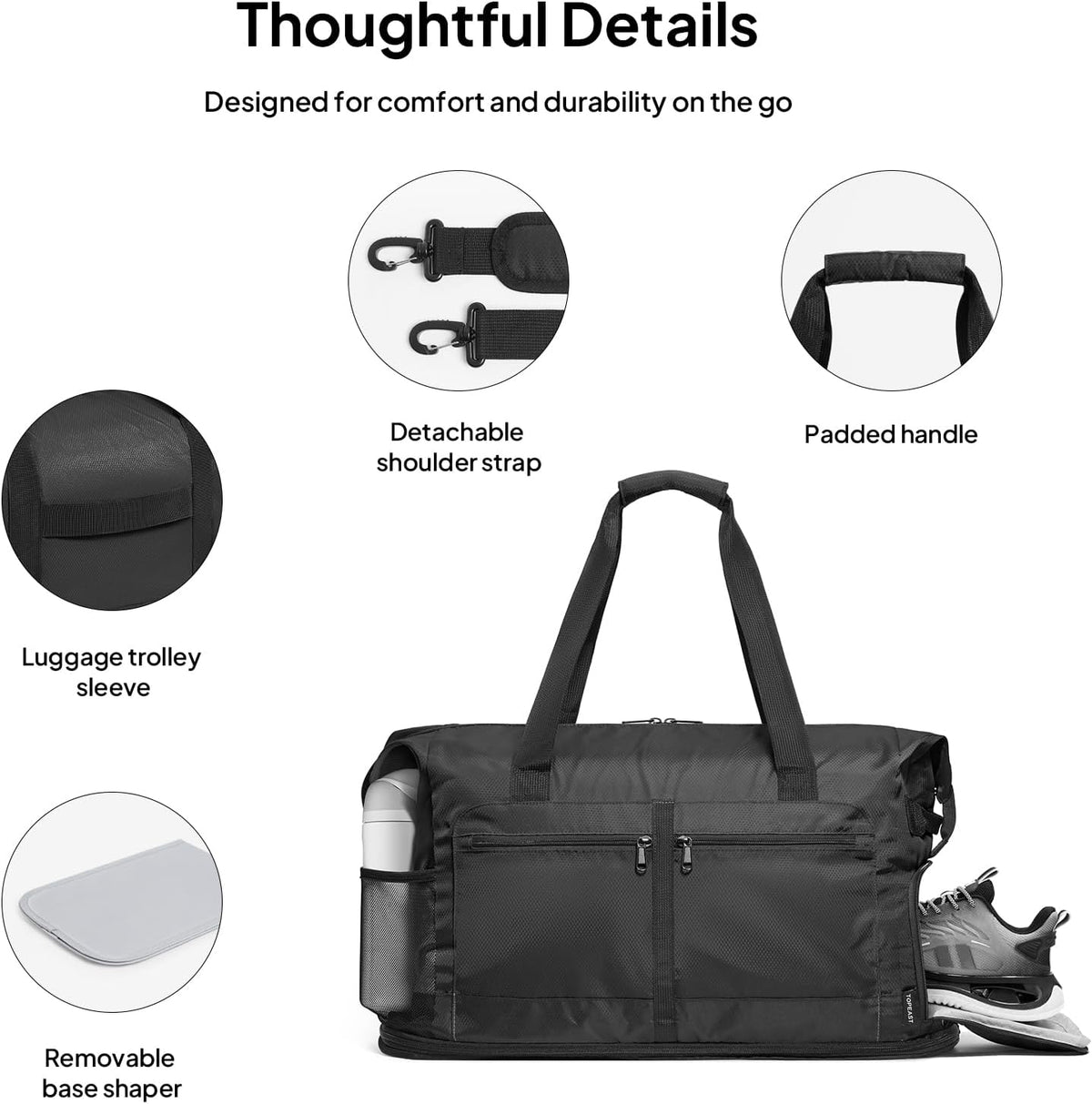 Foldable Travel Bag for Men & Women, 65L Weekender Overnight Duffle Bag for Travel, Expandable Airline Approved Carry-On with Shoe Compartment, Lightweight Personal Item Bag, Water-resistant
