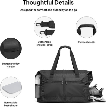 Foldable Travel Bag for Men & Women, 65L Weekender Overnight Duffle Bag for Travel, Expandable Airline Approved Carry-On with Shoe Compartment, Lightweight Personal Item Bag, Water-resistant