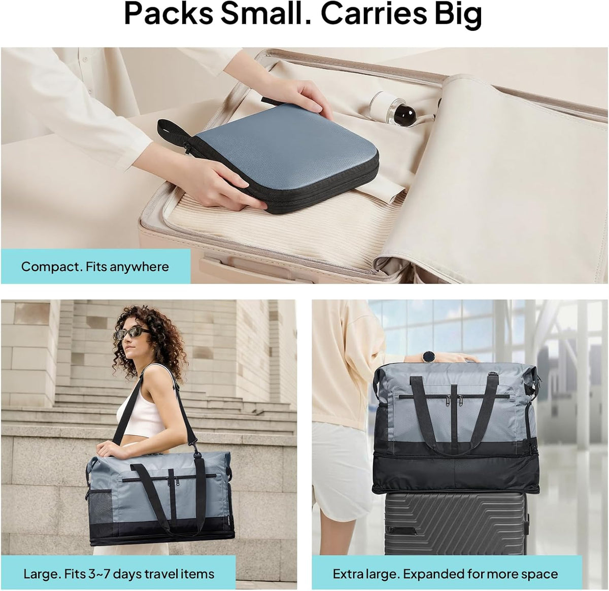 Foldable Travel Bag for Men & Women, 65L Weekender Overnight Duffle Bag for Travel, Expandable Airline Approved Carry-On with Shoe Compartment, Lightweight Personal Item Bag, Water-resistant