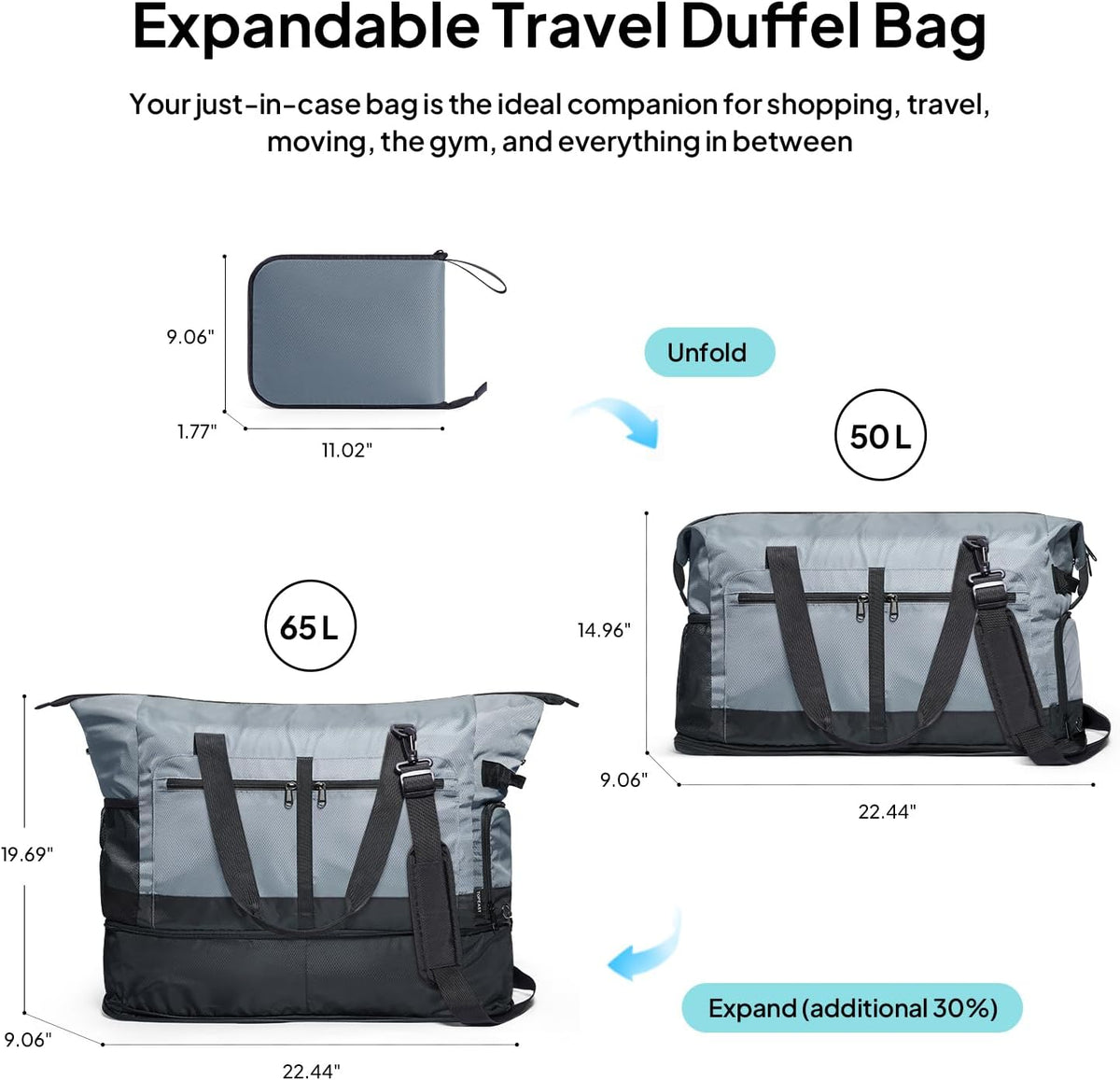 Foldable Travel Bag for Men & Women, 65L Weekender Overnight Duffle Bag for Travel, Expandable Airline Approved Carry-On with Shoe Compartment, Lightweight Personal Item Bag, Water-resistant
