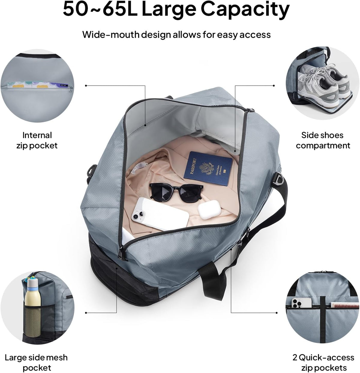 Foldable Travel Bag for Men & Women, 65L Weekender Overnight Duffle Bag for Travel, Expandable Airline Approved Carry-On with Shoe Compartment, Lightweight Personal Item Bag, Water-resistant