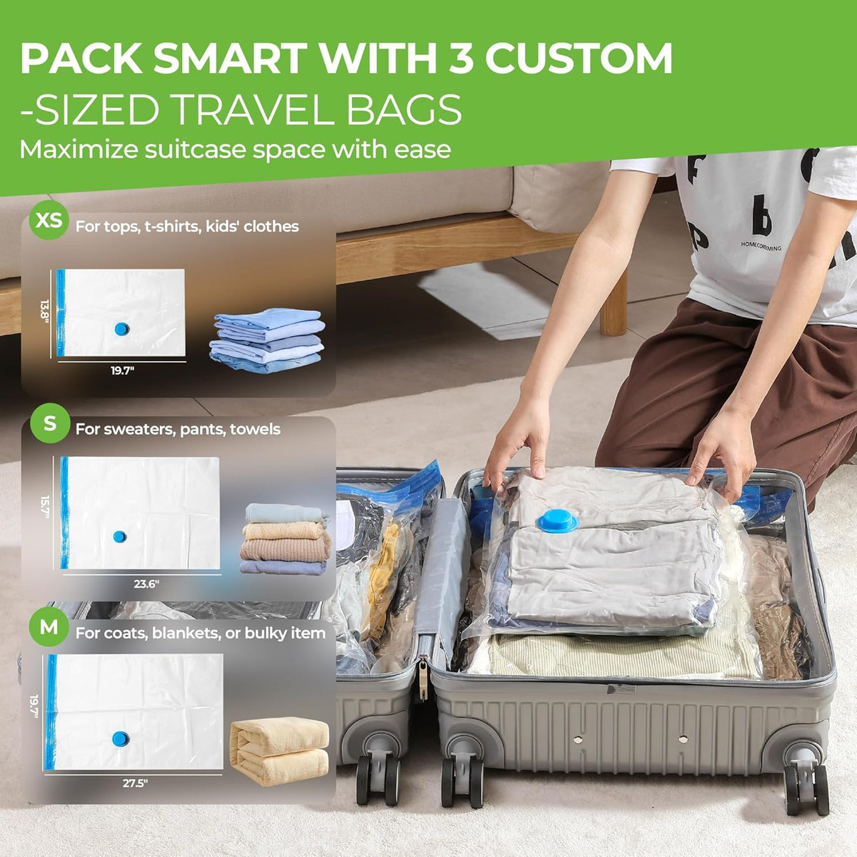 Vacuum Storage Bags for Travel: 15 Pack Compression Packing for Clothes with Rechargeable Air Pump Carry-on Size Vacuum Seal Bags Luggage＆ Suitcase Space Saver Organizer for Clothing