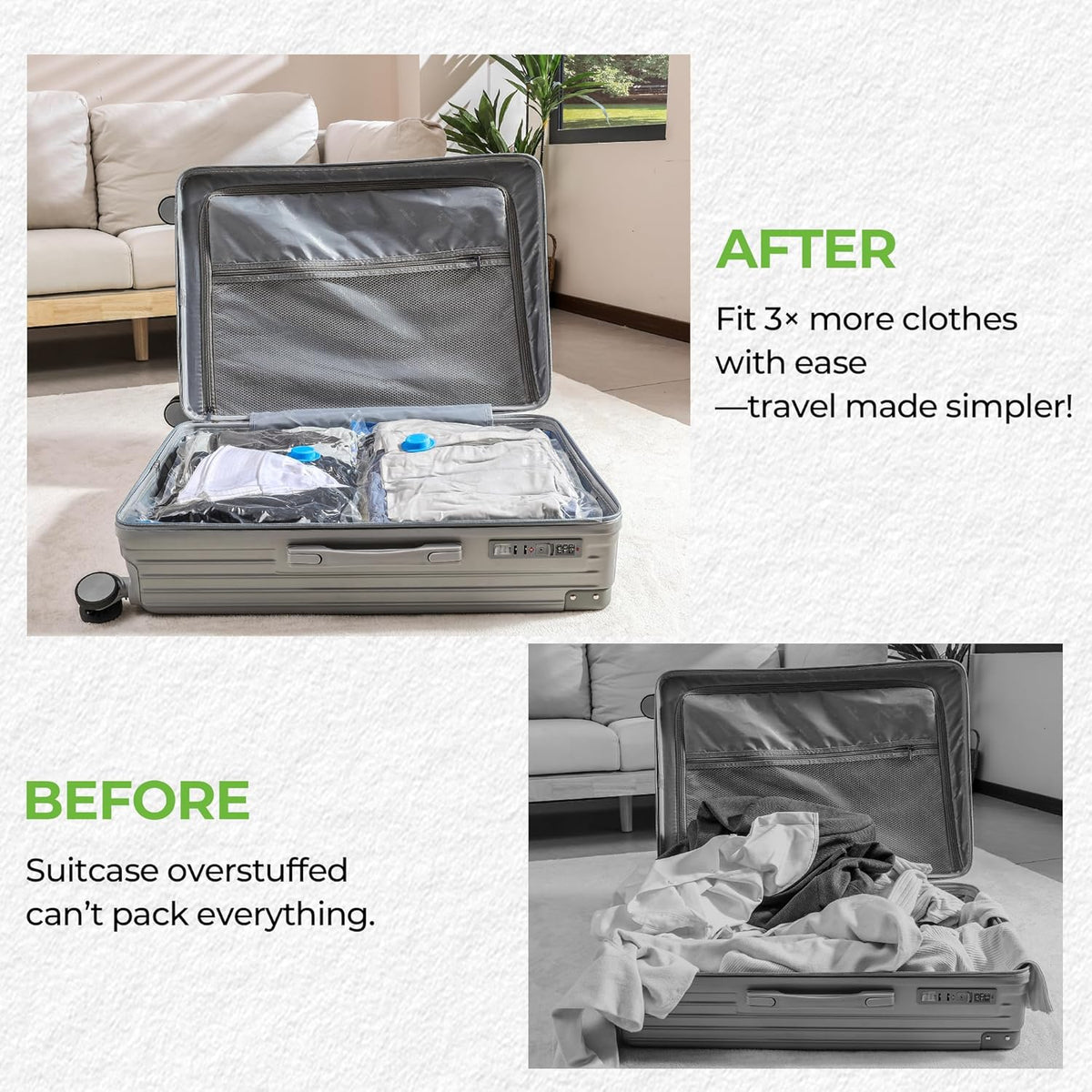 Vacuum Storage Bags for Travel: 15 Pack Compression Packing for Clothes with Rechargeable Air Pump Carry-on Size Vacuum Seal Bags Luggage＆ Suitcase Space Saver Organizer for Clothing
