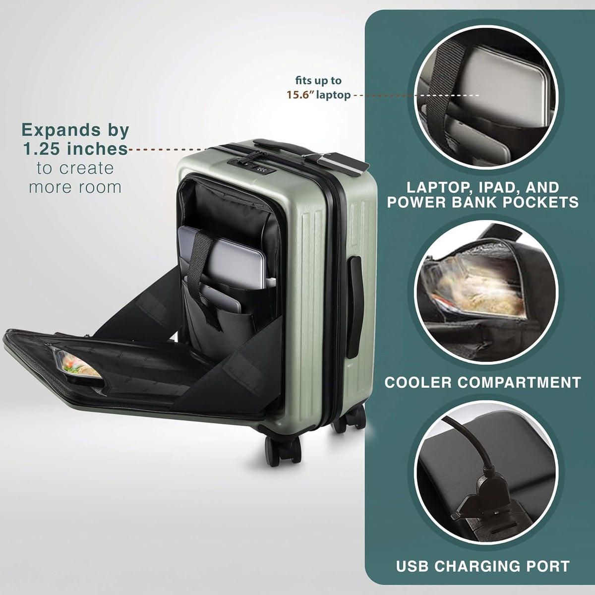20 Inch Carry On Luggage 22x14x9 Airline Approved, Carry On Suitcase with Wheels, Hard-shell Carry-on Luggage, Durable Luggage Carry-On, Sage Green Small Suitcase with Cosmetic Case