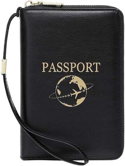 Multi-Functional RFID Passport Wallet,Slim Leather Travel Wallet for Men & Women, Anti-Theft Passport Holder With Zipper & Wristlet Strap,Holds Credit Cards, Cash,Tickets, Boarding Passes (Brown)