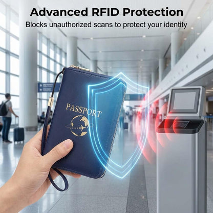 Multi-Functional RFID Passport Wallet,Slim Leather Travel Wallet for Men & Women, Anti-Theft Passport Holder With Zipper & Wristlet Strap,Holds Credit Cards, Cash,Tickets, Boarding Passes (Brown)