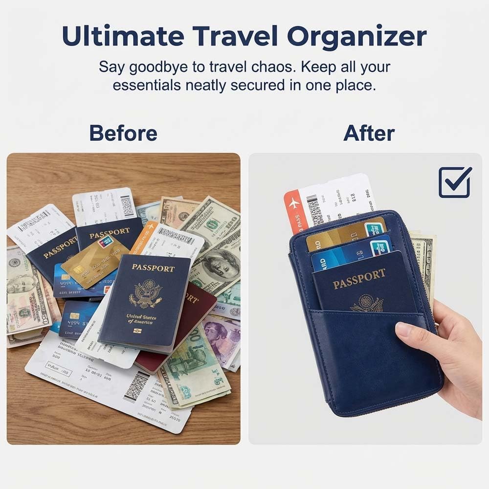 Multi-Functional RFID Passport Wallet,Slim Leather Travel Wallet for Men & Women, Anti-Theft Passport Holder With Zipper & Wristlet Strap,Holds Credit Cards, Cash,Tickets, Boarding Passes (Brown)