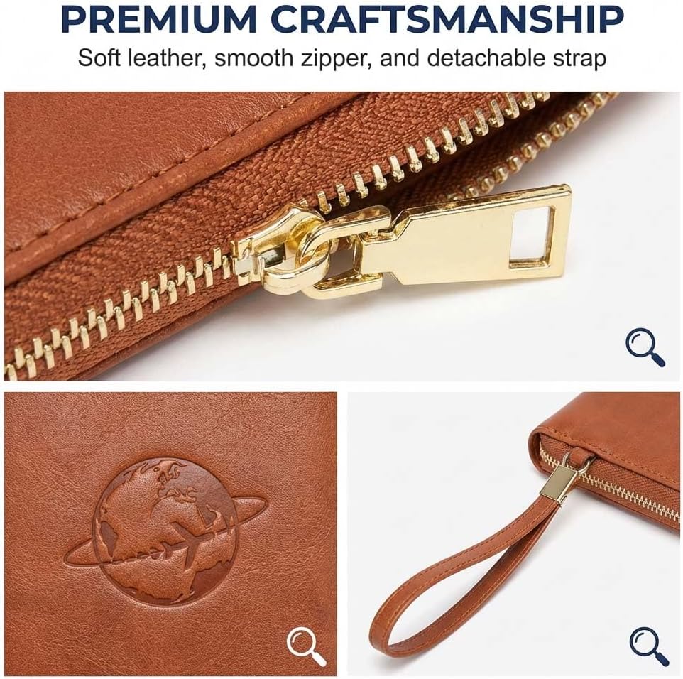 Multi-Functional RFID Passport Wallet,Slim Leather Travel Wallet for Men & Women, Anti-Theft Passport Holder With Zipper & Wristlet Strap,Holds Credit Cards, Cash,Tickets, Boarding Passes (Brown)