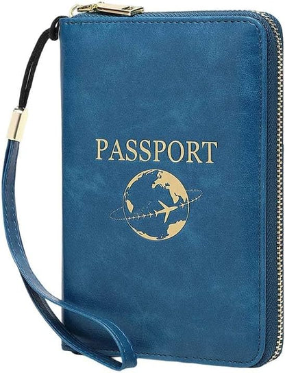 Multi-Functional RFID Passport Wallet,Slim Leather Travel Wallet for Men & Women, Anti-Theft Passport Holder With Zipper & Wristlet Strap,Holds Credit Cards, Cash,Tickets, Boarding Passes (Brown)