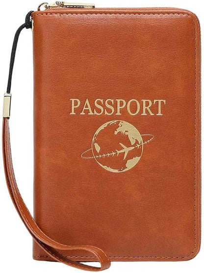 Multi-Functional RFID Passport Wallet,Slim Leather Travel Wallet for Men & Women, Anti-Theft Passport Holder With Zipper & Wristlet Strap,Holds Credit Cards, Cash,Tickets, Boarding Passes (Brown)
