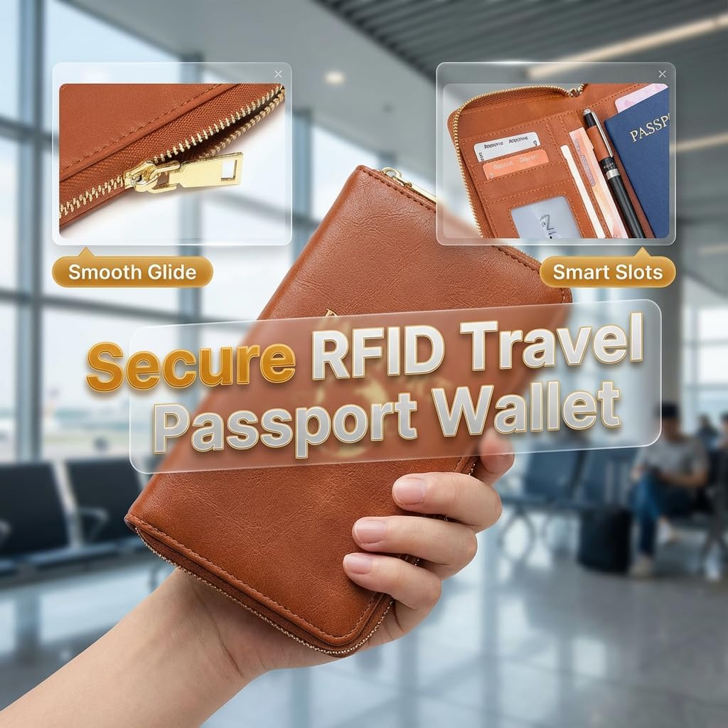 Multi-Functional RFID Passport Wallet,Slim Leather Travel Wallet for Men & Women, Anti-Theft Passport Holder With Zipper & Wristlet Strap,Holds Credit Cards, Cash,Tickets, Boarding Passes (Brown)