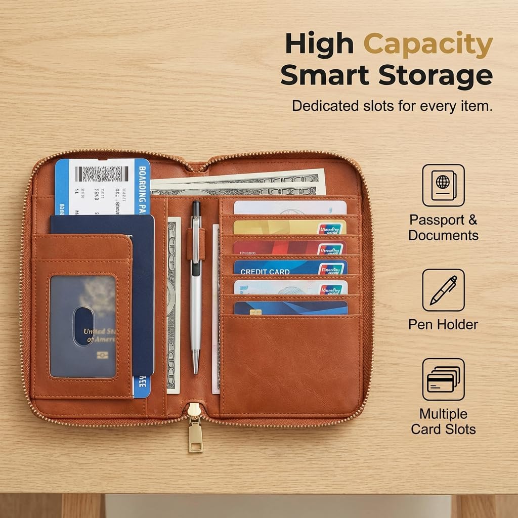 Multi-Functional RFID Passport Wallet,Slim Leather Travel Wallet for Men & Women, Anti-Theft Passport Holder With Zipper & Wristlet Strap,Holds Credit Cards, Cash,Tickets, Boarding Passes (Brown)
