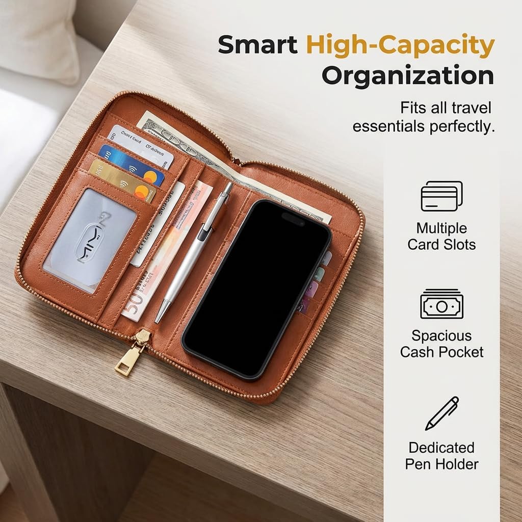 Multi-Functional RFID Passport Wallet,Slim Leather Travel Wallet for Men & Women, Anti-Theft Passport Holder With Zipper & Wristlet Strap,Holds Credit Cards, Cash,Tickets, Boarding Passes (Brown)
