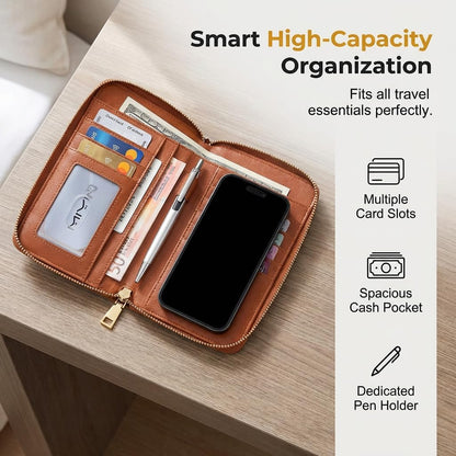 Multi-Functional RFID Passport Wallet,Slim Leather Travel Wallet for Men & Women, Anti-Theft Passport Holder With Zipper & Wristlet Strap,Holds Credit Cards, Cash,Tickets, Boarding Passes (Brown)