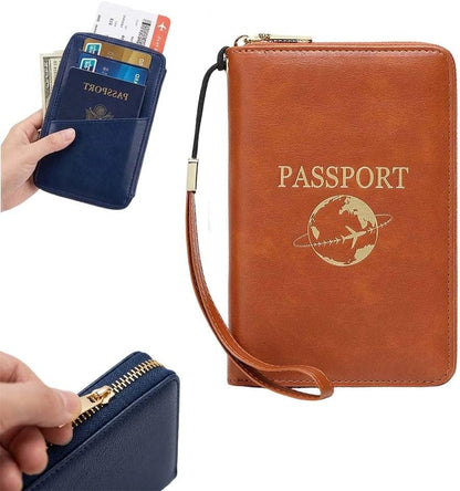 Multi-Functional RFID Passport Wallet,Slim Leather Travel Wallet for Men & Women, Anti-Theft Passport Holder With Zipper & Wristlet Strap,Holds Credit Cards, Cash,Tickets, Boarding Passes (Brown)